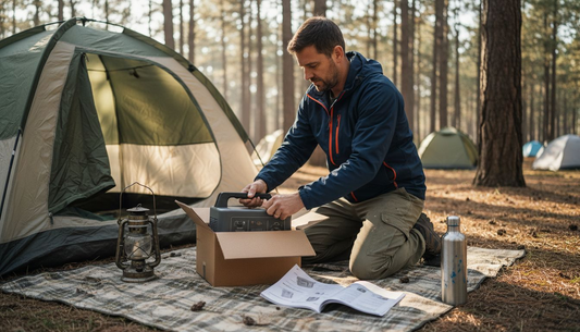 Camper unpacking and setting up power station outside