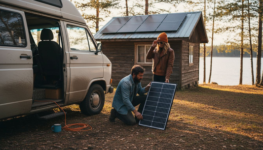 Couple with portable and fixed solar panels off-grid