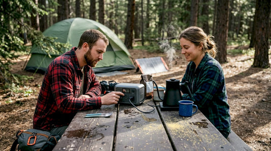 Couple using portable power outdoors at campsite