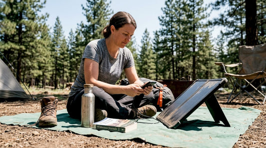 Woman using portable solar charger outdoors