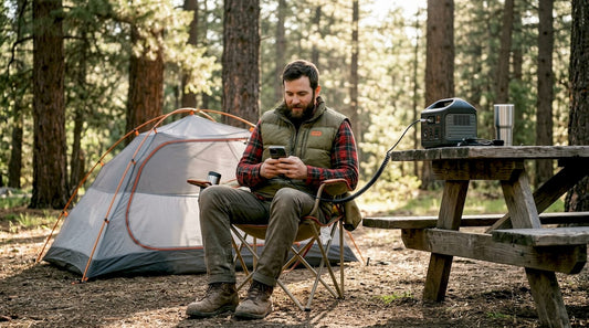 Camper charging phone at outdoor power station